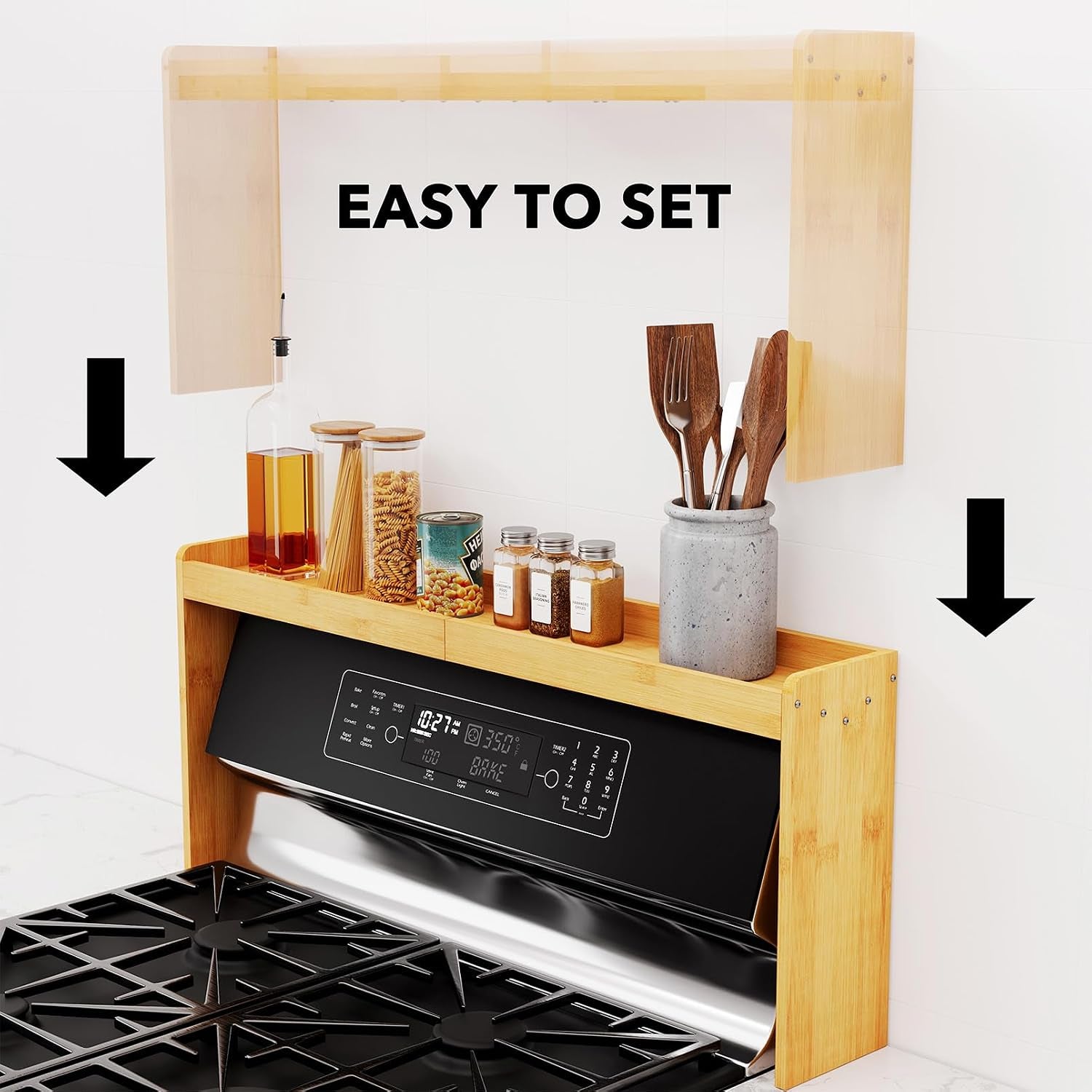 Bamboo over the Stove Spice Holder Shelf, 31.5" Kitchen Organizer Stove Spice Top Rack, 11.6" Height Countertop Storage, over Oven Back Sink Organization Shelf, Natural