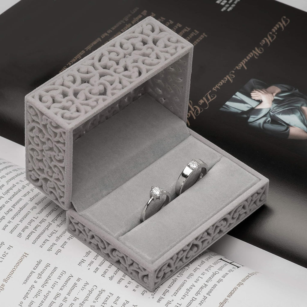 Hollow Velvet Ring Box Velvet Jewelry Box for Rings Couple Double Ring Bearer Box Engagement Gift (Gray)