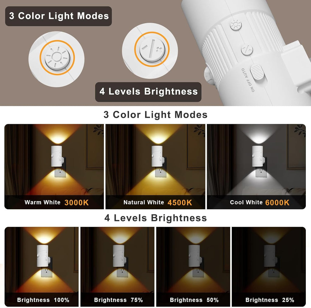 Motion Sensor Light Indoor, Night Lights Plug into Wall, Motion Sensor & Dusk to Dawn Sensor, 3 Light Modes, Dimmable Night Light for Bedroom Bathroom Hallway Kitchen Stairs (White, 2 Pack)