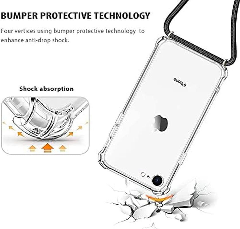 For Iphone 7/8/SE Clear Case Adjustable Shoulder Neck Lanyard Crossbody Strap Phone Cover Women Girls Soft Slim Shockproof Protective Mobile Case for Iphone SE 2020/ Iphone SE 2022 - Black