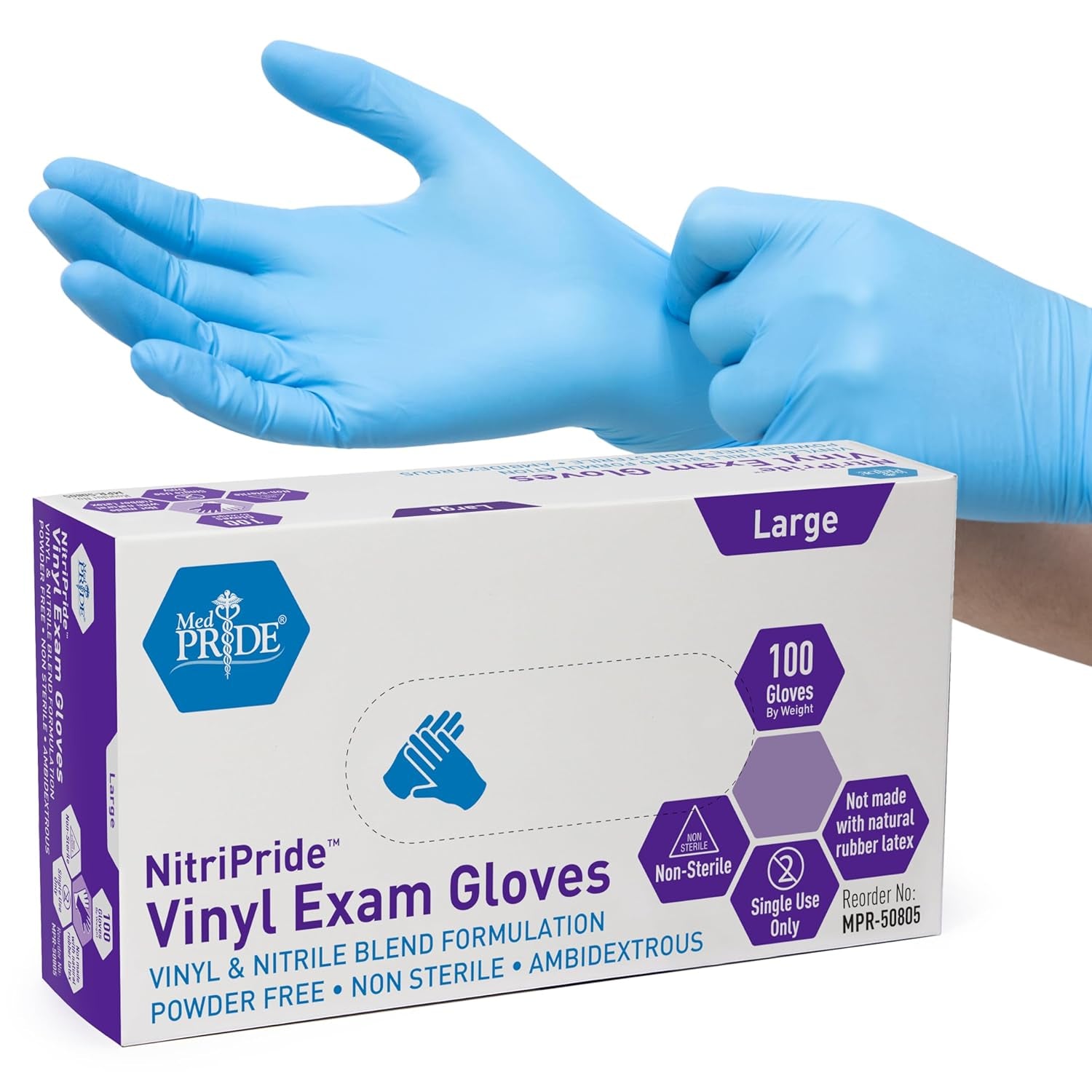 Nitripride Nitrile-Vinyl Blend Exam Gloves, Large 100 - Powder Free, Latex Free & Rubber Free - Single Use Non-Sterile Protective Gloves for Medical Use, Cooking, Cleaning & More