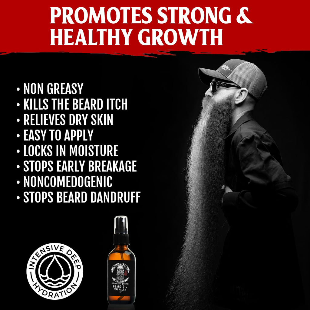 Mad Viking Valhalla Beard Oil - Hydrate, Soften and Grow Your Beard Naturally. Fight Itch and Dandruff with a Smooth Sandalwood & Vanilla Scent, Made in the USA - 2Oz | Hydrates Skin, Softens Coarse Beard Hair, and Helps Relieve Beard Itch with a Warm Sandalwood and Vanilla Fragrance.