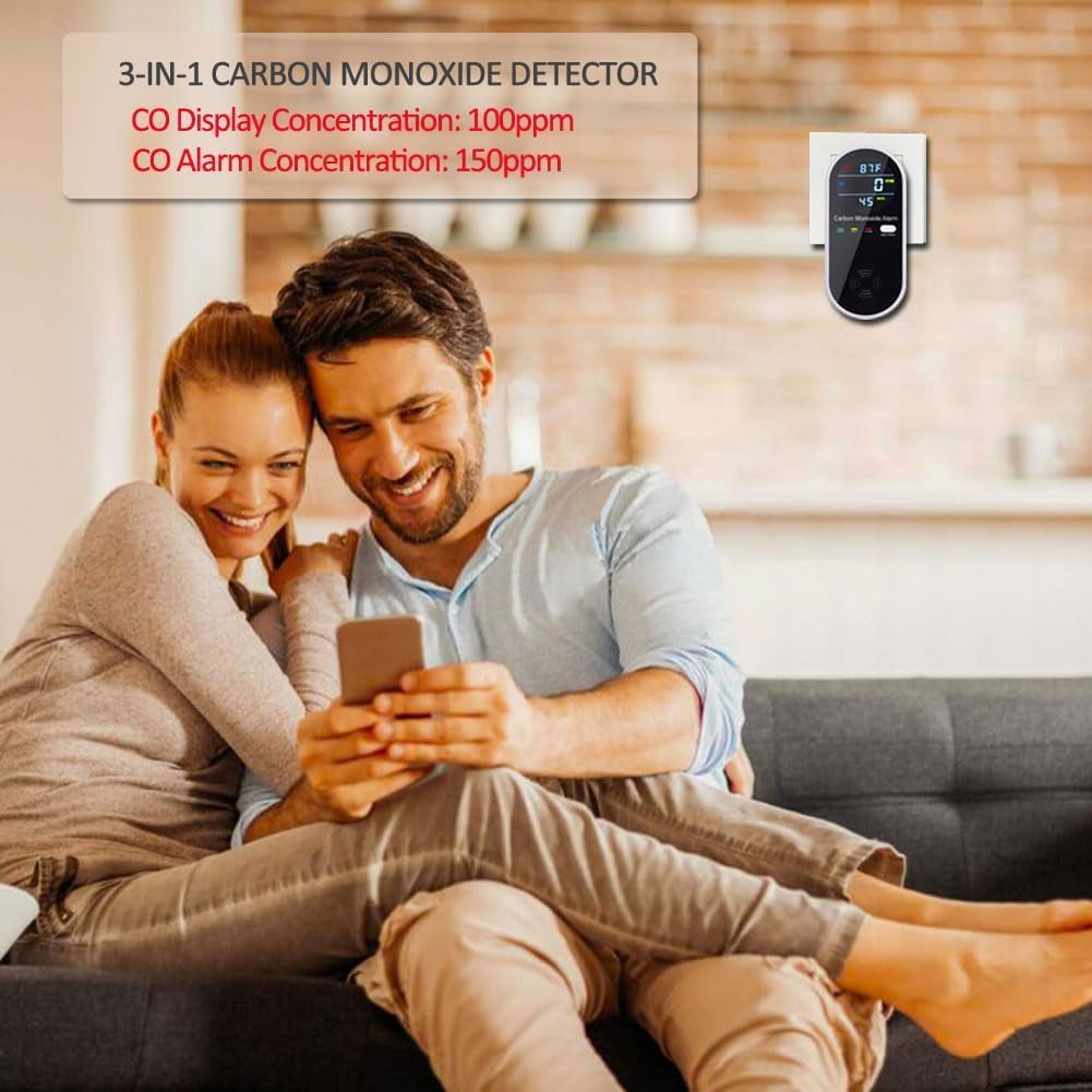 Carbon Monoxide Detector Plug in Wall,  Portable Carbon Monoxide Detector for Travel, 3-In-1 CO Detector for Home and Travel Camping(Co Gas Meter Temperature Humidity Sensor), KH106, Black