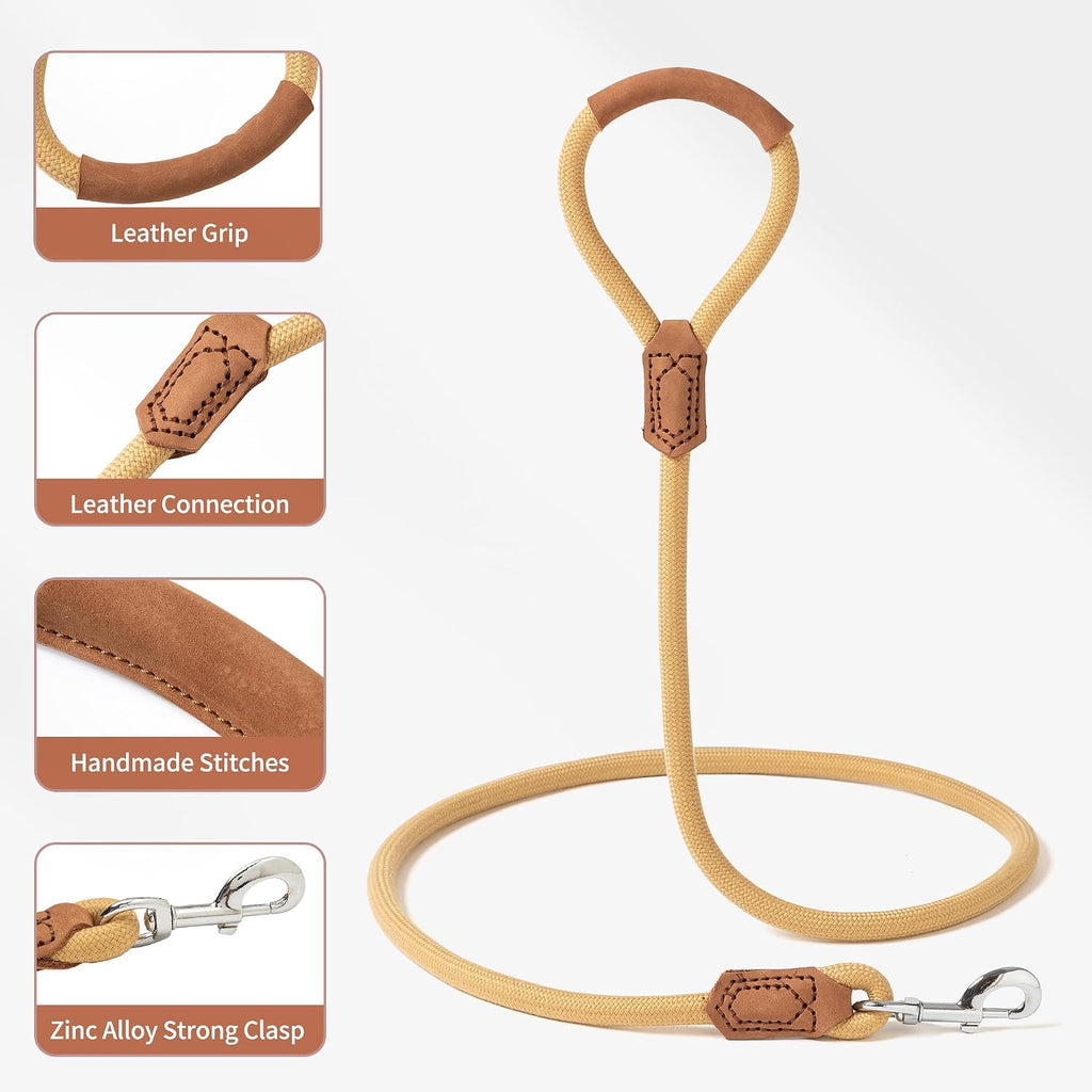 Dog Leash with Genuine Leather Connection/Handle, 4/5/6 FT | Rope Leash, Heavy Duty 360° Swivel Metal Clasp, for Small Medium & Large Dogs