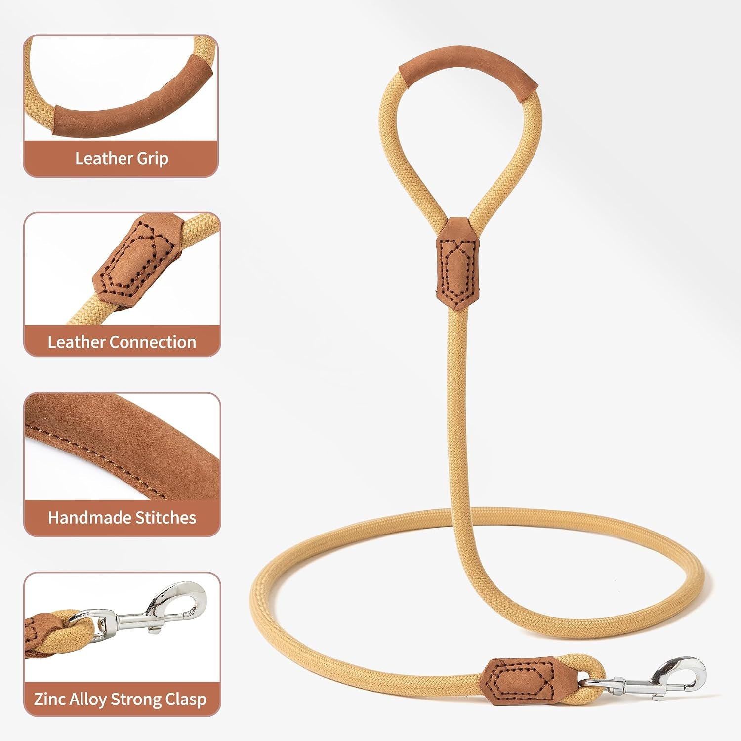 Dog Leash with Genuine Leather Connection/Handle, 4/5/6 FT | Rope Leash, Heavy Duty 360° Swivel Metal Clasp, for Small Medium & Large Dogs