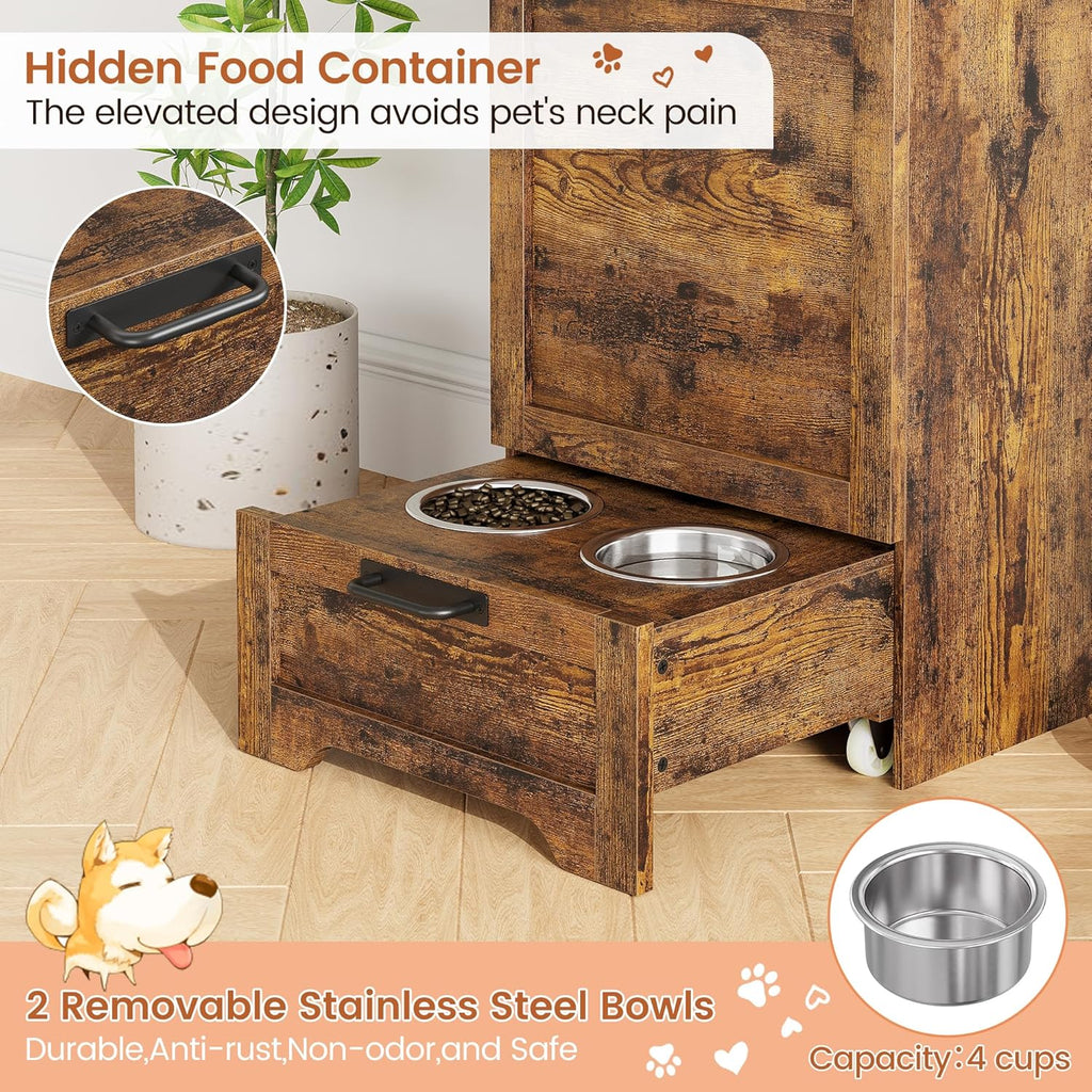 35''H Pet Food Cabinet Flip Top Dog Food Storage Cabinet,Dog Feeding Station with 2 Elevated Dog Bowls, Large Pet Toy Storage Organizer,Rustic Brown