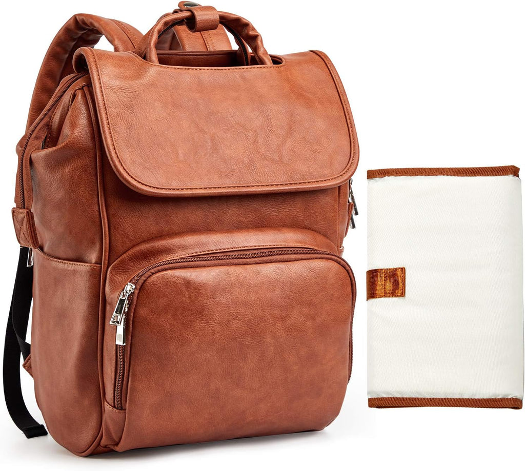 Leather Diaper Bag Backpack with Changing Mat | Travel Backpack Waterproof & Insulated Large Nappy Bag Stroller Straps, 13.8X8X18 Inch (Pack of 1), Travel Backpacks