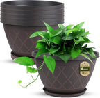 6 Pack 8 Inch Plant Pots, Planters with Drainage Holes & Saucers | Modern Imitation Faux-Fence Texture Plastic Flower Pots for Indoor & Outdoor Plants, Succulents, Flowers, and Herbs (Brown)