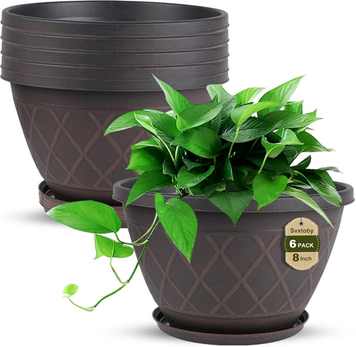 6 Pack 8 Inch Plant Pots, Planters with Drainage Holes & Saucers | Modern Imitation Faux-Fence Texture Plastic Flower Pots for Indoor & Outdoor Plants, Succulents, Flowers, and Herbs (Brown)