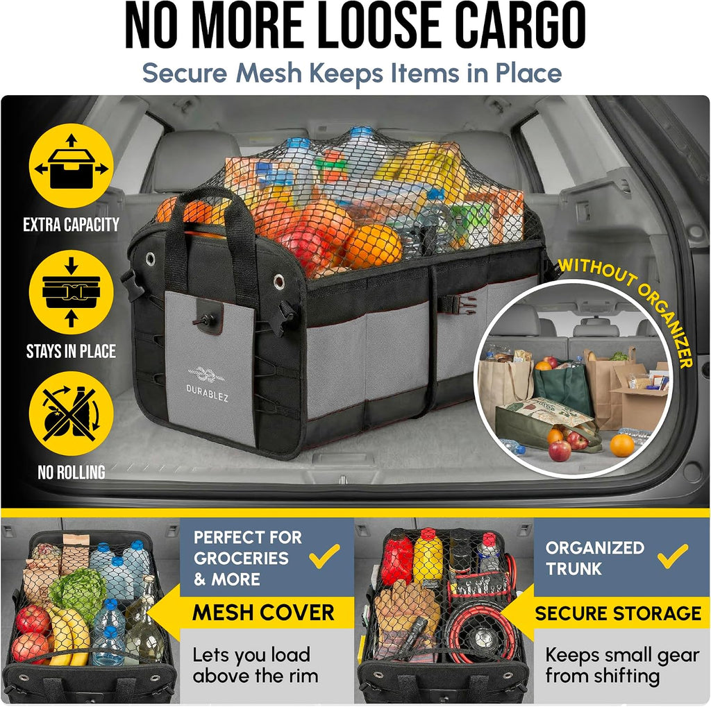 3-Section Modular Trunk Organizer XL – Car Storage for Groceries, Cleaning Supplies, Tools, Sports Gear – Foldable L-Shape Cargo Bin – Gray