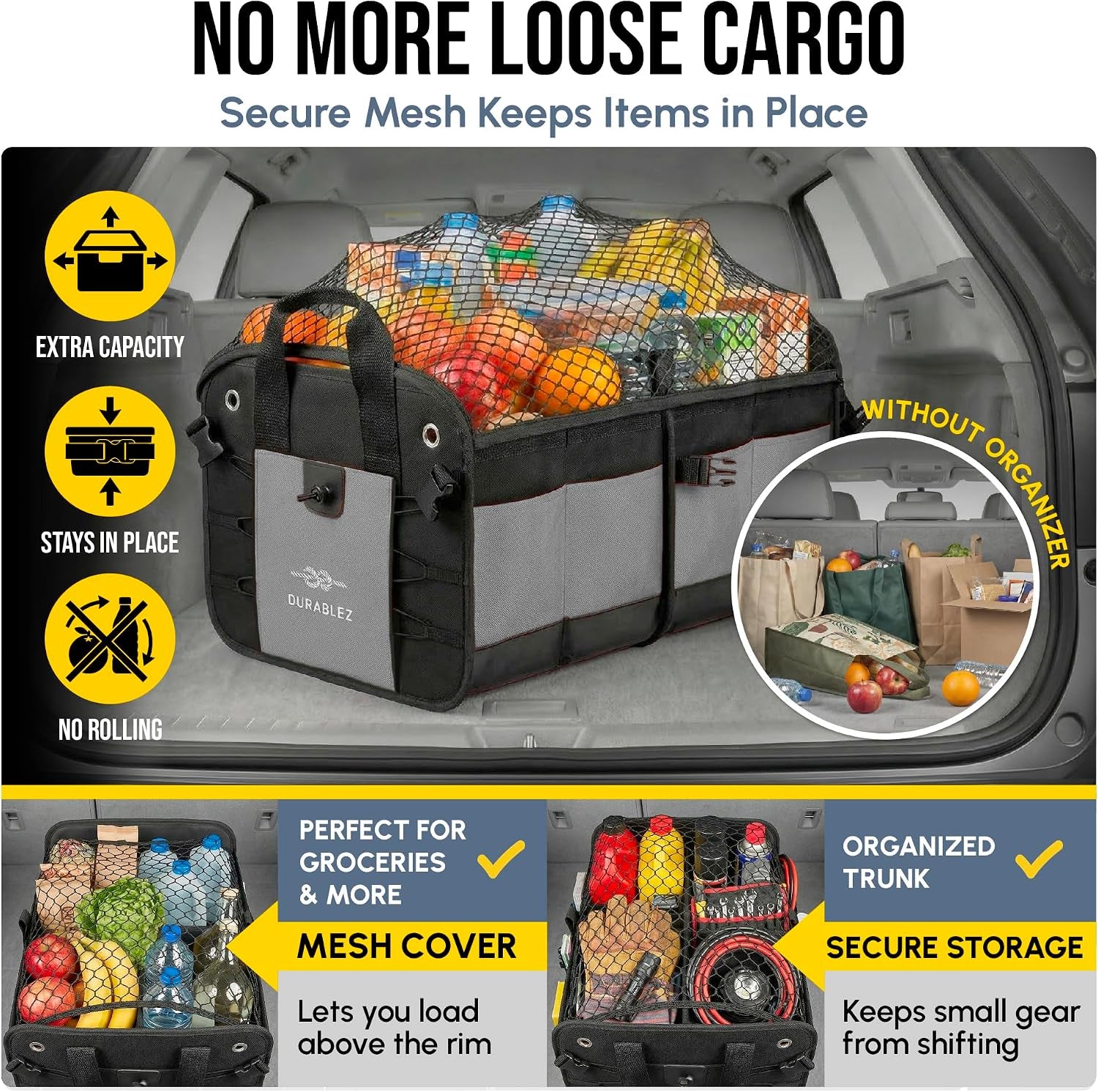 3-Section Modular Trunk Organizer XL – Car Storage for Groceries, Cleaning Supplies, Tools, Sports Gear – Foldable L-Shape Cargo Bin – Gray