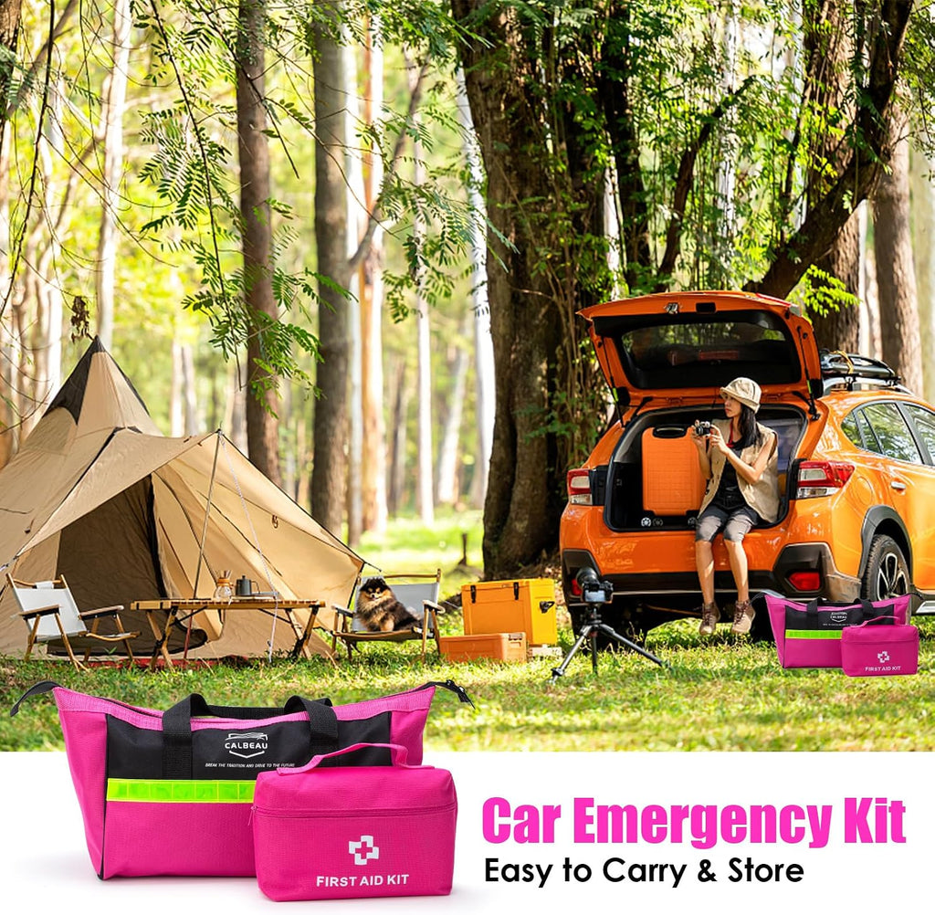 Roadside Emergency Car Kit for Vehicles, Pink Emergency Roadside Assistance Kit with Car First Aid Kit, Thoughtful Car Emergency Kit for Women, Men, New Drivers and Adventurers Gifts