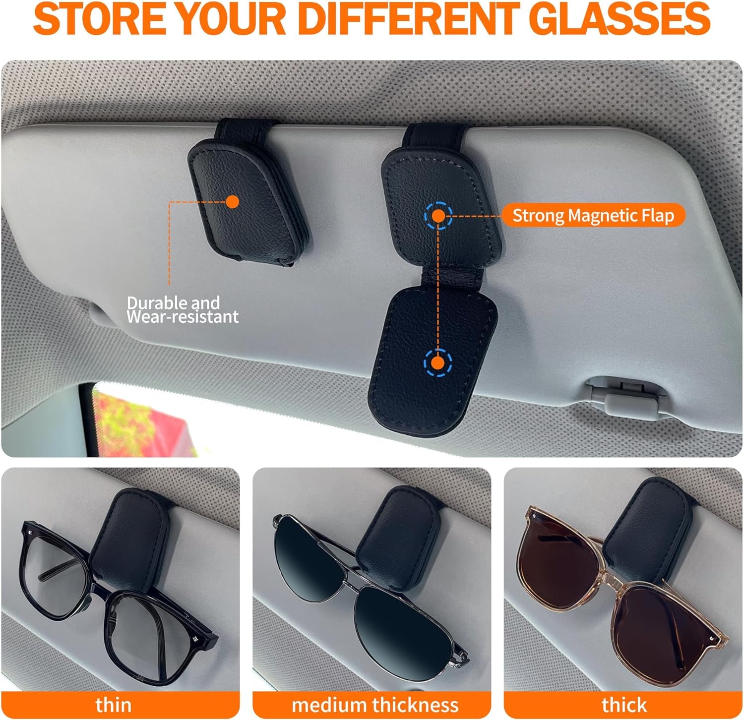 Sunglasses Holders for Car Sun Visor, 2Pack Magnetic Leather Glasses Eyeglass Hanger Clip for Car, Visor Sunglasses Holder Clip Car Accessories for Truck | Magnetic Leather Eyeglass Hanger Clip for Car Visor, One-Hand Easy Operation, Interior Car Accessories for SUV & Truck