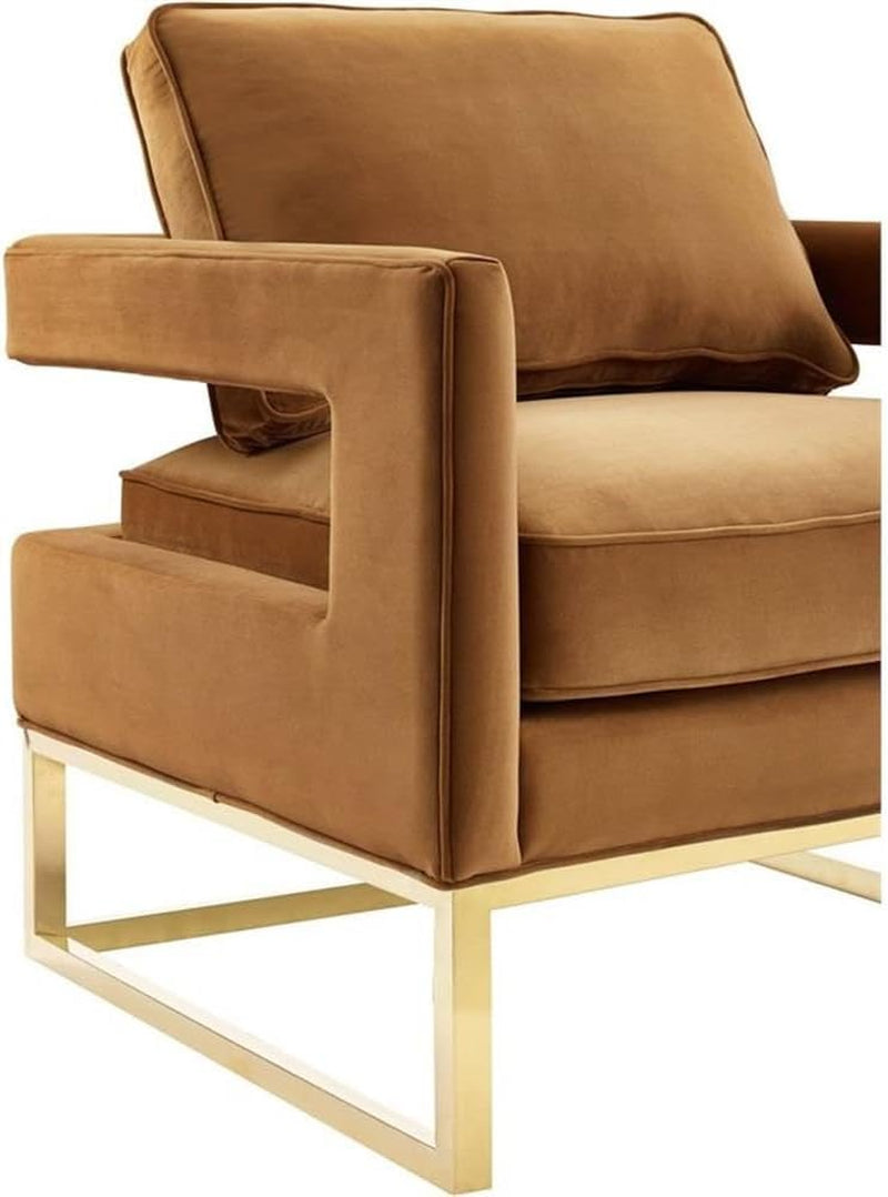 the Avery Collection Modern Style Living Room Den Leather Upholstered Armchair with Gold Legs, Cognac