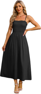 Womens Spaghetti Strap Maxi Dresses Smocked with Pockets 2026 Summer Spring Casual Boho Beach Long Sundresses