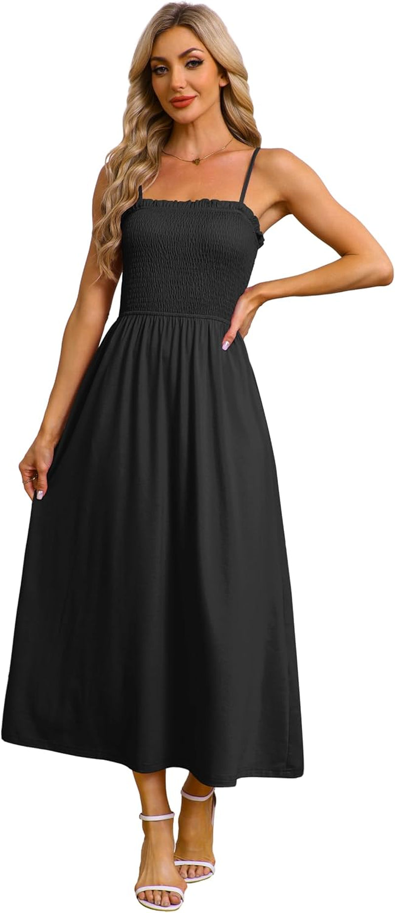 Womens Spaghetti Strap Maxi Dresses Smocked with Pockets 2026 Summer Spring Casual Boho Beach Long Sundresses