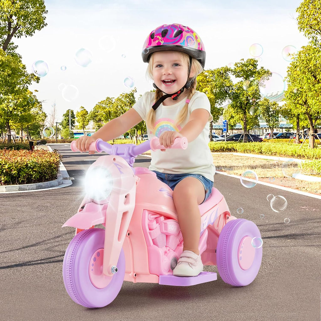 Kids Motorcycle, 6V Electric Ride on Car with Automatic Bubble Function, Foot Pedal, Headlight, Music, 3 Anti-Skip Wheels Vehicle for Children, Toddler Ages 3+ (Violet)