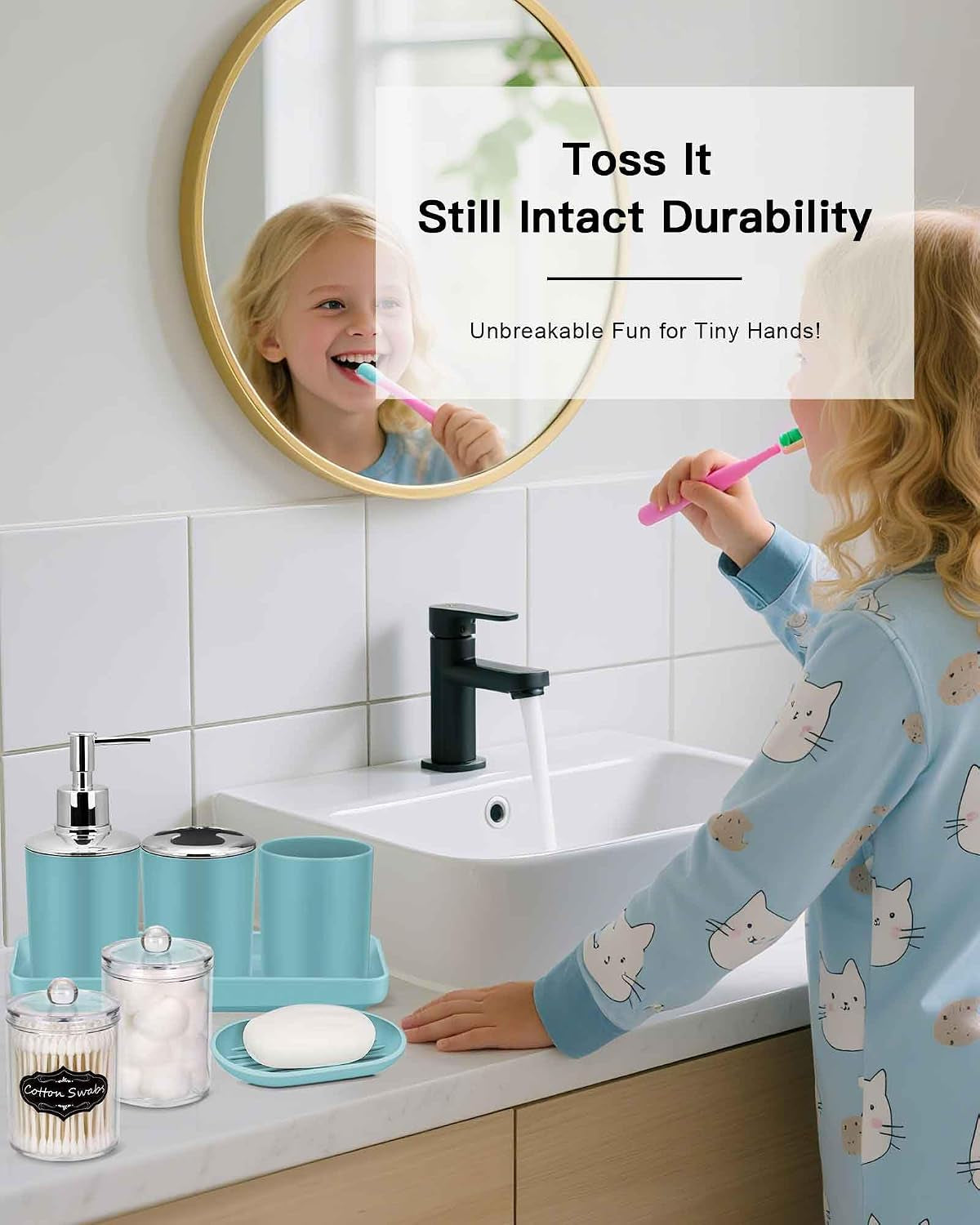Bathroom Accessories Set,Blue Bathroom Set,9 Pieces Bathroom Accessory Set,Tray,Qtip Holders,Toilet Brush,Trash Can for Bathroom Décor and Home Gifts