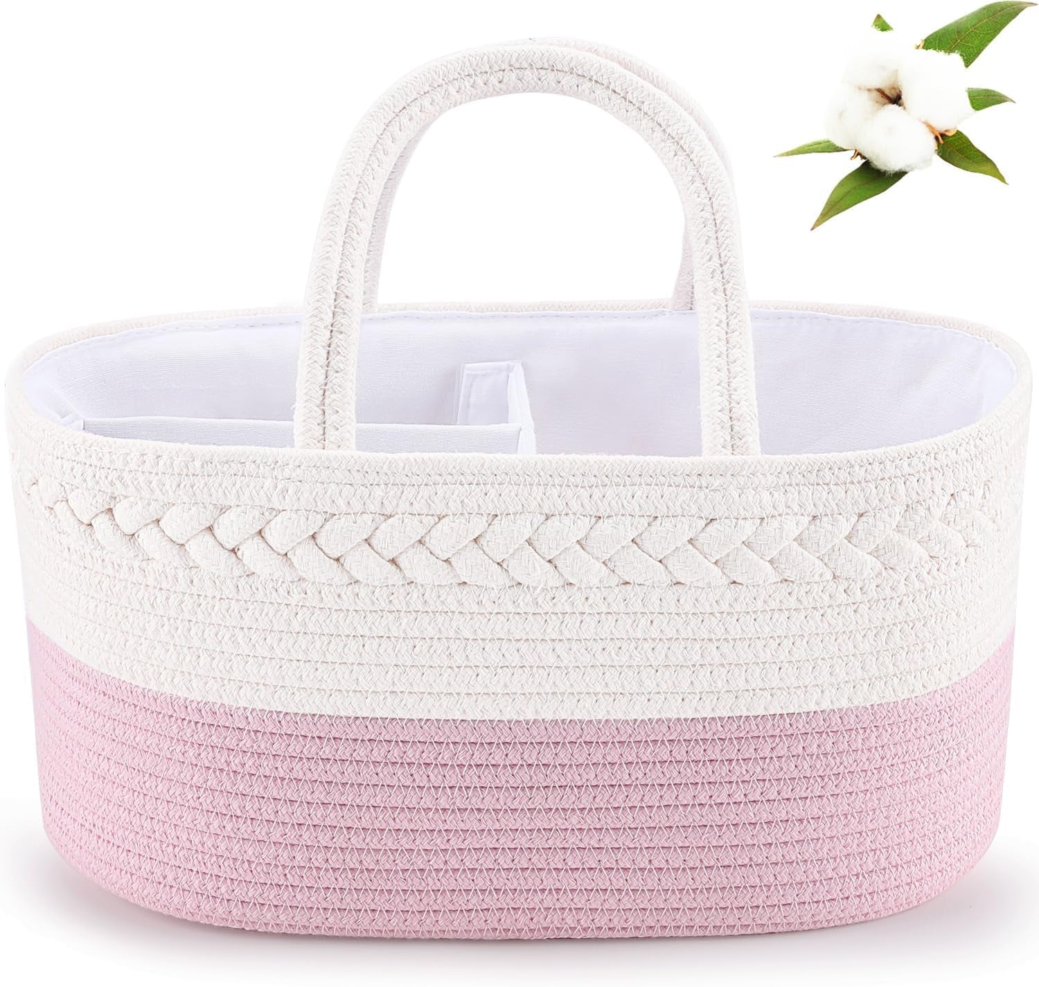 Diaper Caddy Organizer, Rope Woven Storage Baske, Pink | Cotton Rope, Nursery Storage Basket for Car & Changing Table | Holds Diapers, Wipes & Baby Essentials | Durable