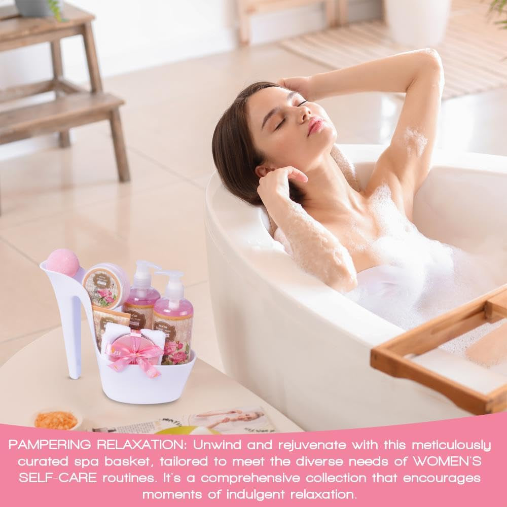 Heel Shoe Spa Gift Basket for Women, 8 Pc British Rose Scented | Spa Gift Set, Luxury Self Care Kit for Mom, Relaxing Bath and Body Set, Home Spa Gifts for Her