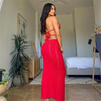 Women Sexy Crochet Maxi Dress Cut Out Halter V Neck Backless Knit Bodycon Long Dress Summer Beach Evening Party Dresses
