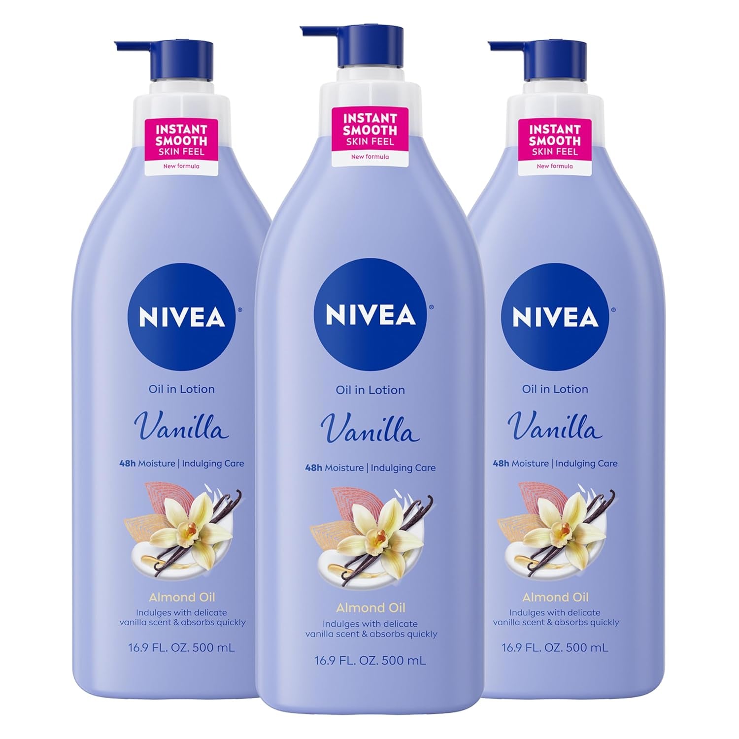Oil in Lotion Body Lotion, Vanilla and Almond Oil, 3 X 16.9 FL OZ | Vanilla Scented Lotion Enriched with Almond Oil, Instant Smooth Skin Feel, Fast-Absorbing, Non-Greasy, 48-Hour Moisturizer