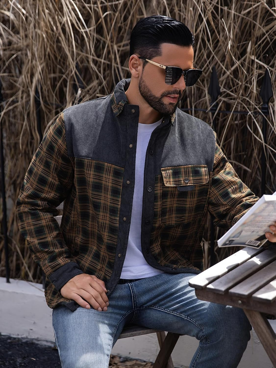 Men'S Sherpa Lined Flannel Corduroy Plaid Shirt Long Sleeve Button up Jacket Fleece Coat for Men with Pocket