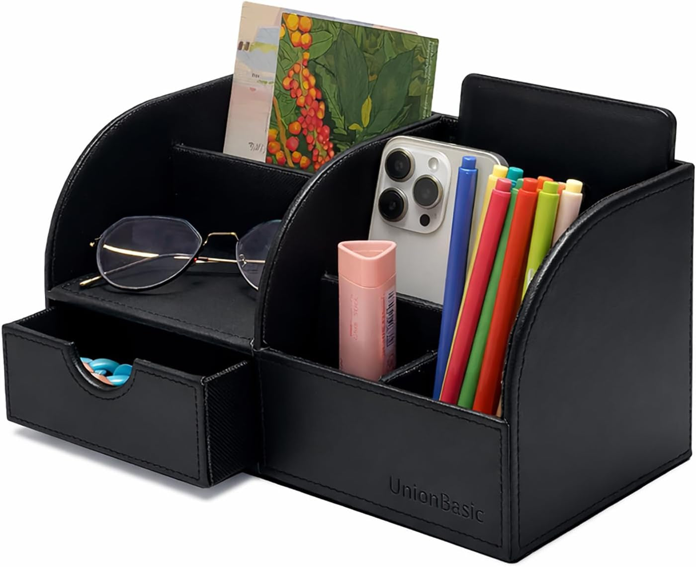 Desk Organizer - Multifunctional Leather Desktop Pen Holder Storage Box - Business Card/Pen/Pencil/Mobile Phone/Stationery Holder, Black