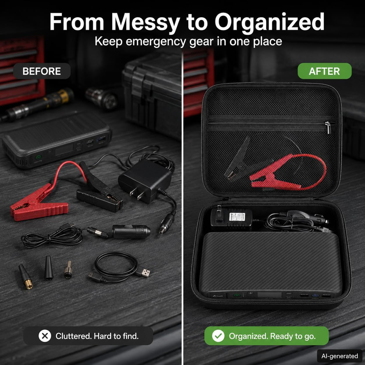 Jump Starter Case for Halo Bolt Air 58830 57720/Air+ 55500, Box Only | Hard EVA; Carry Handle; Mesh Pocket for Jumper Cables, Air Hose; Trunk Storage; for Drivers and Road Trips; Black