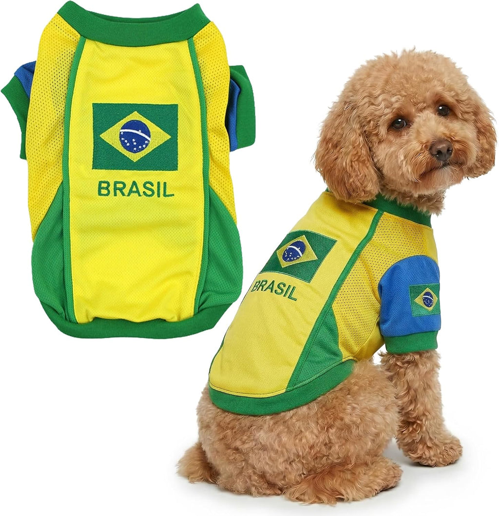 Team Brazil Dog Jersey - Breathable Mesh Puppy Football Jersey - Lightweight Stretch Sporty Dog Clothes - Summer Shirts for Large Dogs - Soccer Jersey for Dogs - Sportswear Pet Clothes