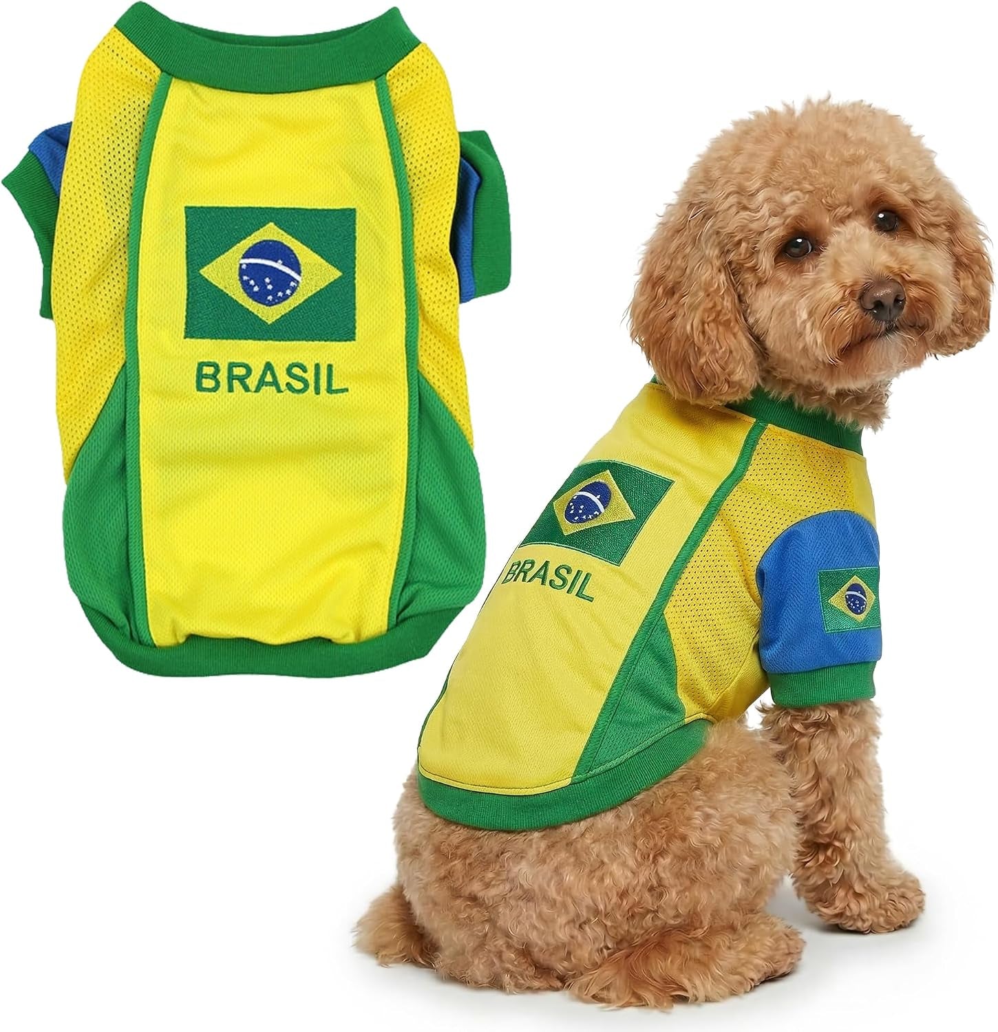 Team Brazil Dog Jersey - Breathable Mesh Puppy Football Jersey - Lightweight Stretch Sporty Dog Clothes - Summer Shirts for Large Dogs - Soccer Jersey for Dogs - Sportswear Pet Clothes