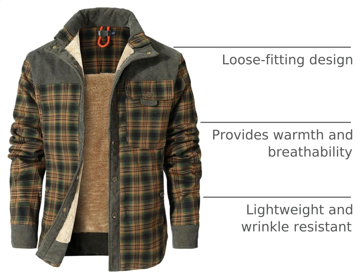 Men'S Sherpa Lined Flannel Corduroy Plaid Shirt Long Sleeve Button up Jacket Fleece Coat for Men with Pocket