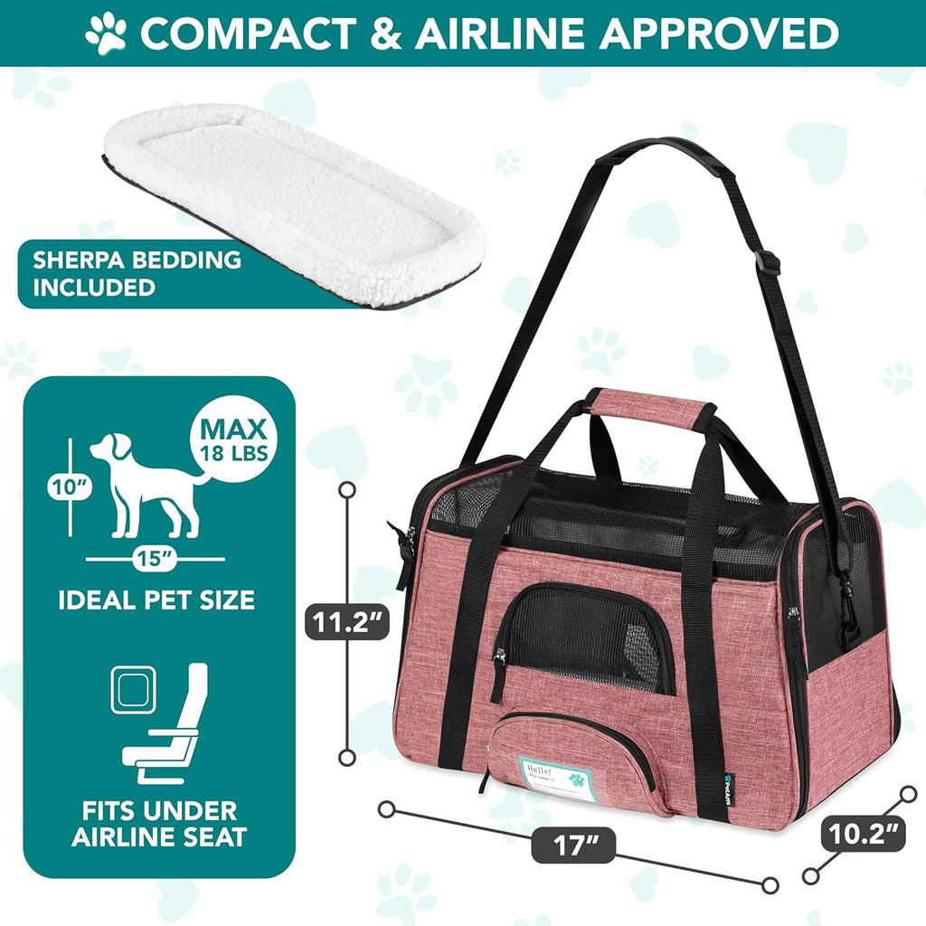 Airline Approved Pet Carrier Cat Small Dogs, Small Heather White Red | Soft Sided TSA Travel Bag, Sherpa Bed, Breathable Mesh Ventilation, Collapsible Bowl, Fits under Seat, up to 18 Lbs