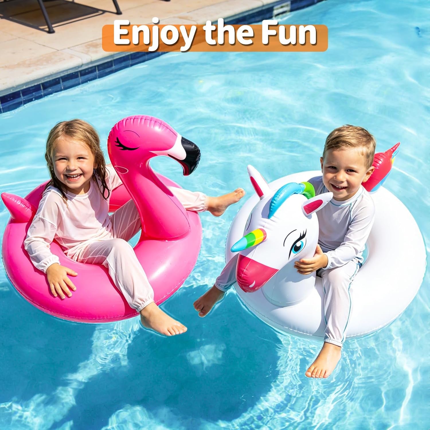 2 Pack Inflatable Flamingo Unicorn Pool Floats for Kids 3-8 Years | Pool Party Decorations/Beach/Summer, Durable PVC, Boys/Girls/Toddlers, Lounger/Raft, Vacation Floaties, Quick Inflate