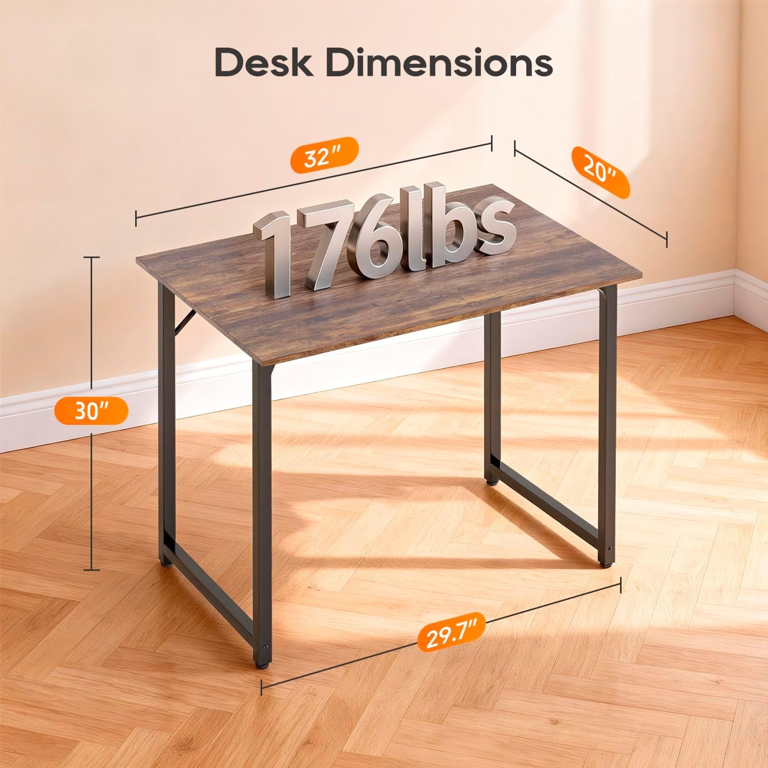 | 32 Inch Computer Desk | Brown | Sturdy Office Desk | Metal Frame, Adjustable Feet | Water-Resistant, Scratchproof Surface | Writing Table for Home Office or Study | Pack of 1