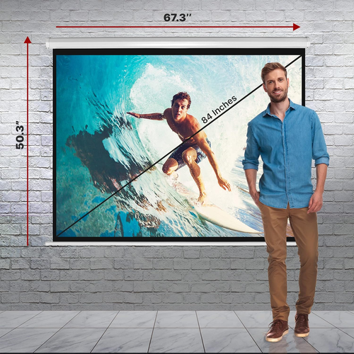 84-Inch Pull down Projector Screen – Manual Roll-Down Matte White Viewing Surface, Auto-Locking Height Adjustment, Wall or Ceiling Mount Design for Home Theater, Office & Classroom Use