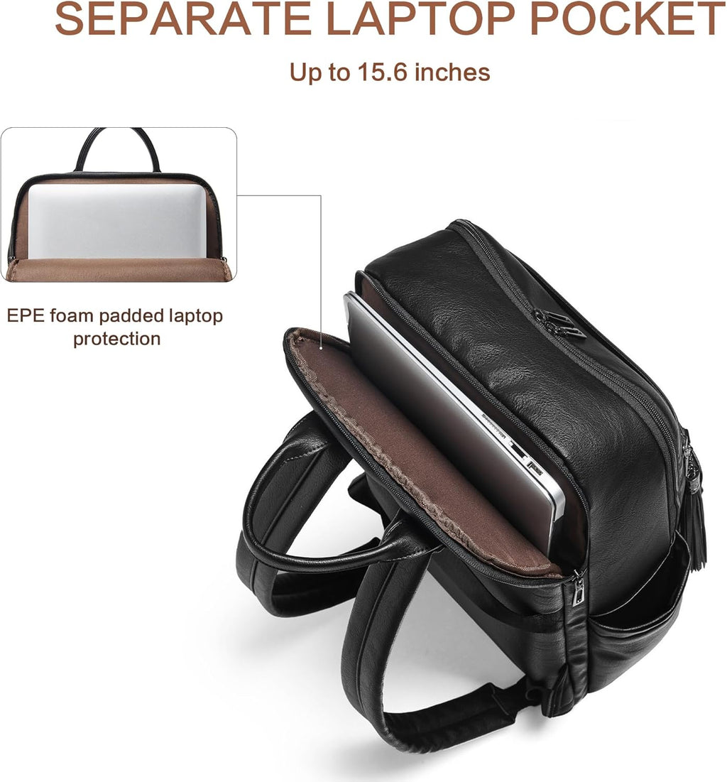 Laptop Backpack for Women,Leather Backpack with 15.6 Inch Laptop Compartment,Large Capacity Computer Backpacks Purse,Carry-On Travel Backpacks,Casual Daypack for Work Business College,Black