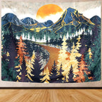 Mountain Wall Hanging Tapestry - Forest Trees Art, Sunset, Road in Nature Landscape Home Decor for Room (51.2 X 59.1 Inches)
