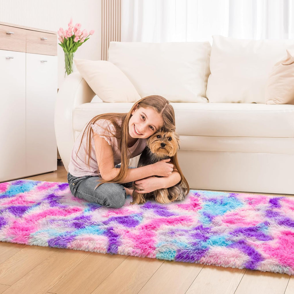 Soft Rainbow Rug for Girls Room, Cute Fluffy Girls Bedroom Rugs, 2X6 Feet Shaggy Princess Rug Colorful Carpet for Kids Teens Toddler Playroom Nursery Reading Nook, Hot Pink