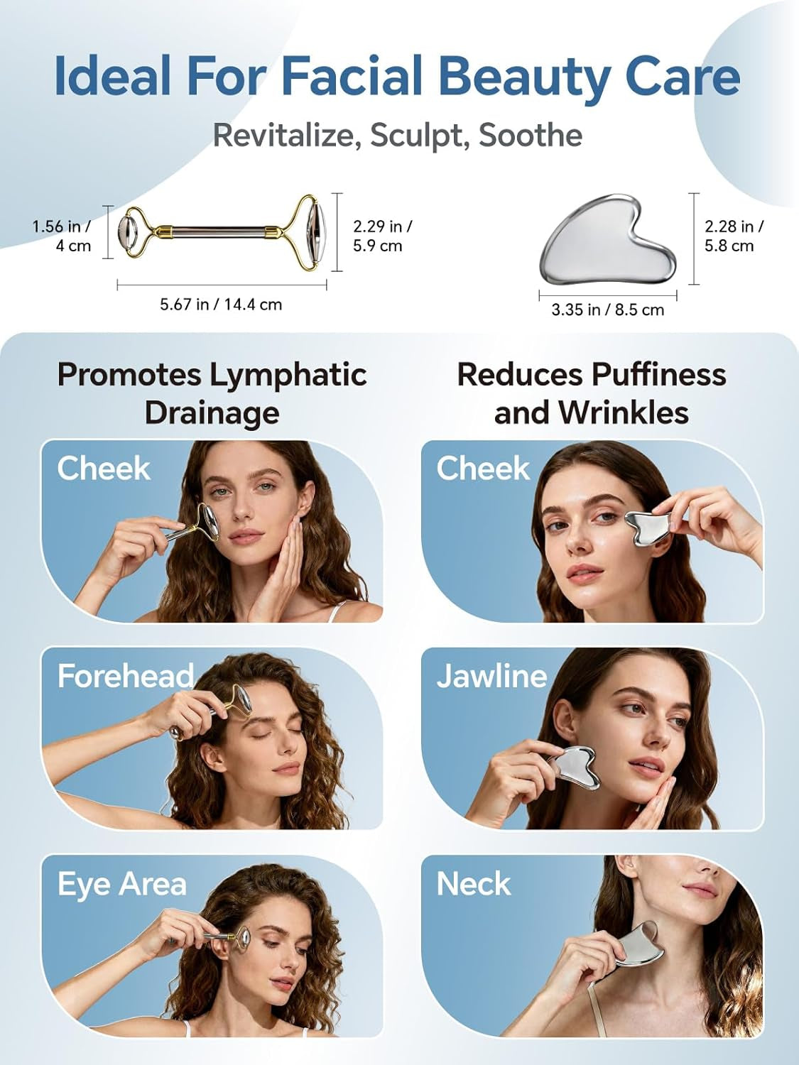 Stainless Steel Face Roller & Gua Sha Facial Tools, Face Massager for Self Care, Roller for Face, Jawline Sculpting and Puffiness Reducing