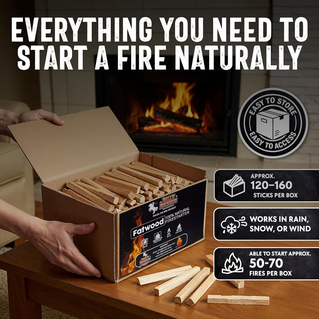 10Lb Fatwood Fire Starter Sticks | 100% Natural Fire Starters for Campfires, Firepit, Fireplaces, BBQ, Wood Stoves | Easy Ignition W/Just 2 Sticks | Camping Essentials by Billy Buckskin (10Lb Box)