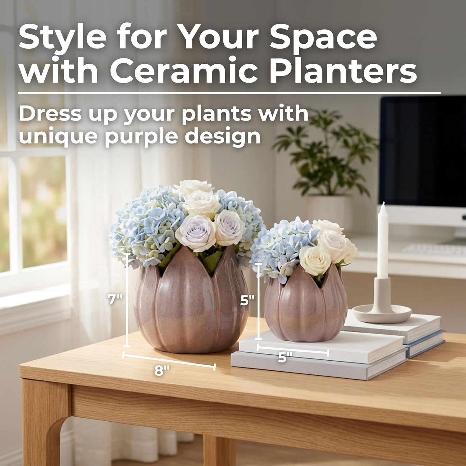 Flower Pots for Home Decor – Ceramic Petal Shaped Planters for Indoor and Outdoor Plants – Decorative Plant Pots That Work with Any Plant Perfect for Garden or Patio Decor; Set of 2 – 7", 5" Purple