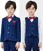 Boys Suit 3 Piece Formal Blue Plaid Slim Fit Kids Tuxedo Set Toddler Blazer Vest Dress Pants Ring Bearer Outfit