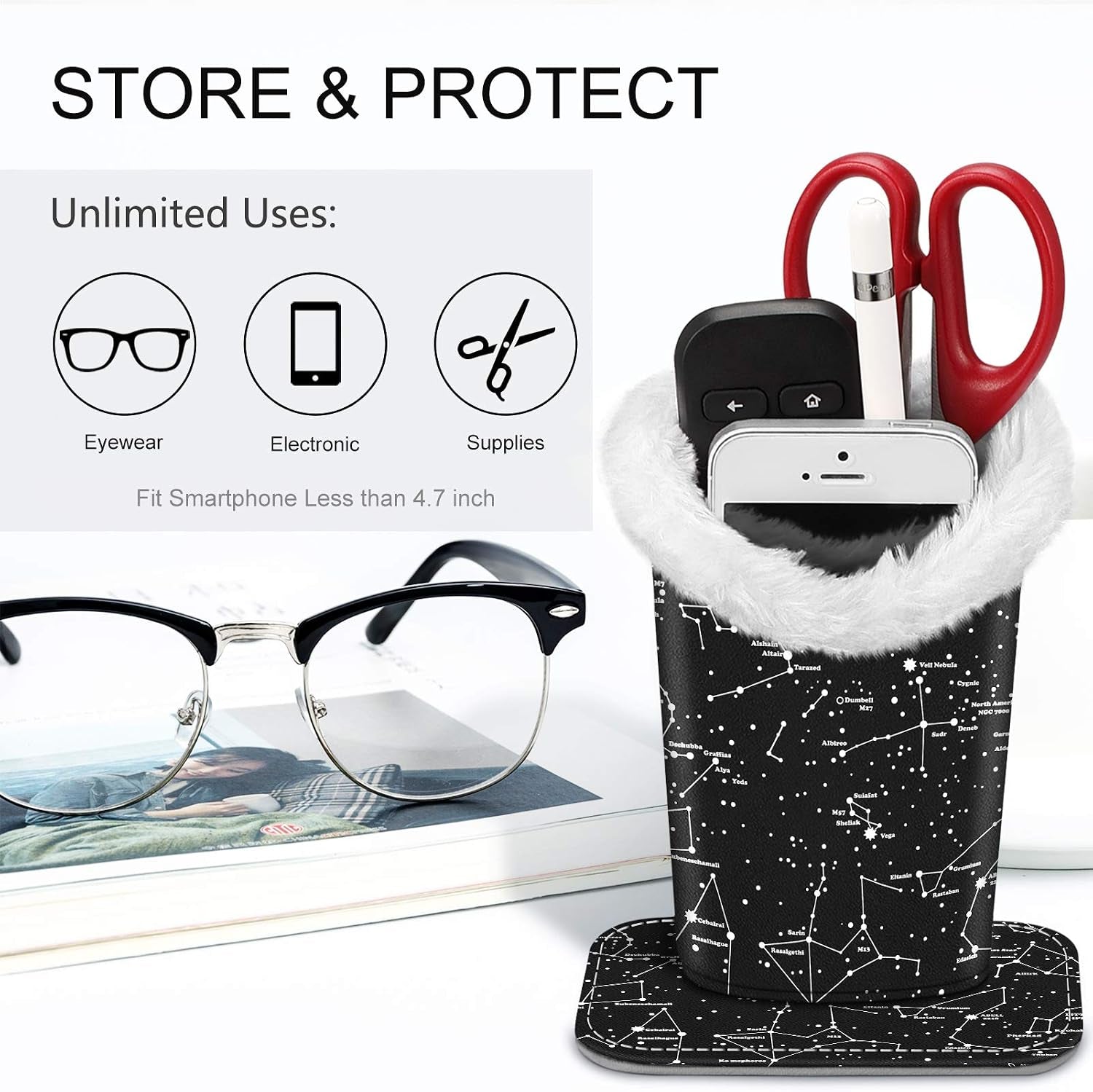 Plush Lined Eyeglasses Holder, Glasses Stand Case for Nightstand | Soft Plush Lining, Bedside Eyeglasses Holder, Office Desktop Organizer, Small Item Storage, Anti-Scratch