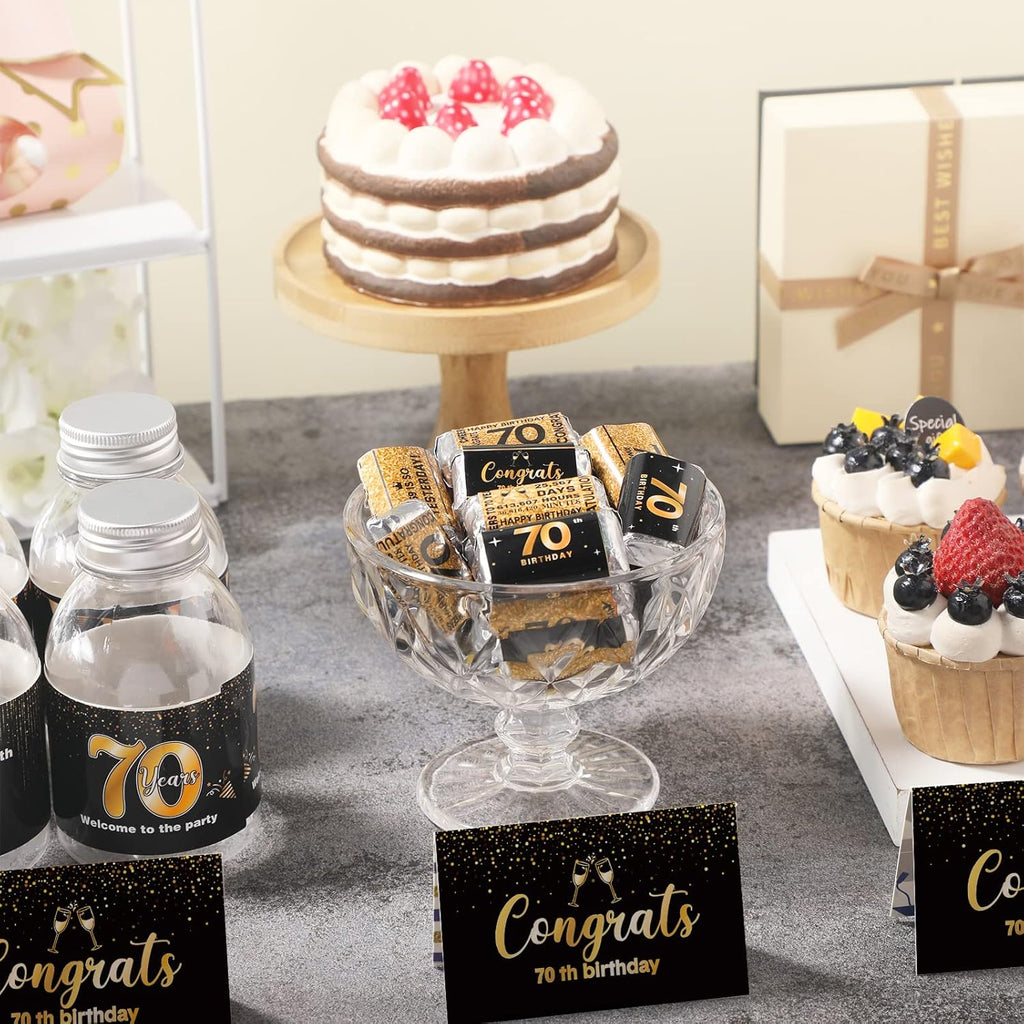 180 Pcs 70Th Birthday Stickers Black and Gold Cheers to 70 Years Candy Bar Wrappers Happy 70Th Birthday Party Favor Labels for Adults Anniversary Party Candy Chocolate Supplies