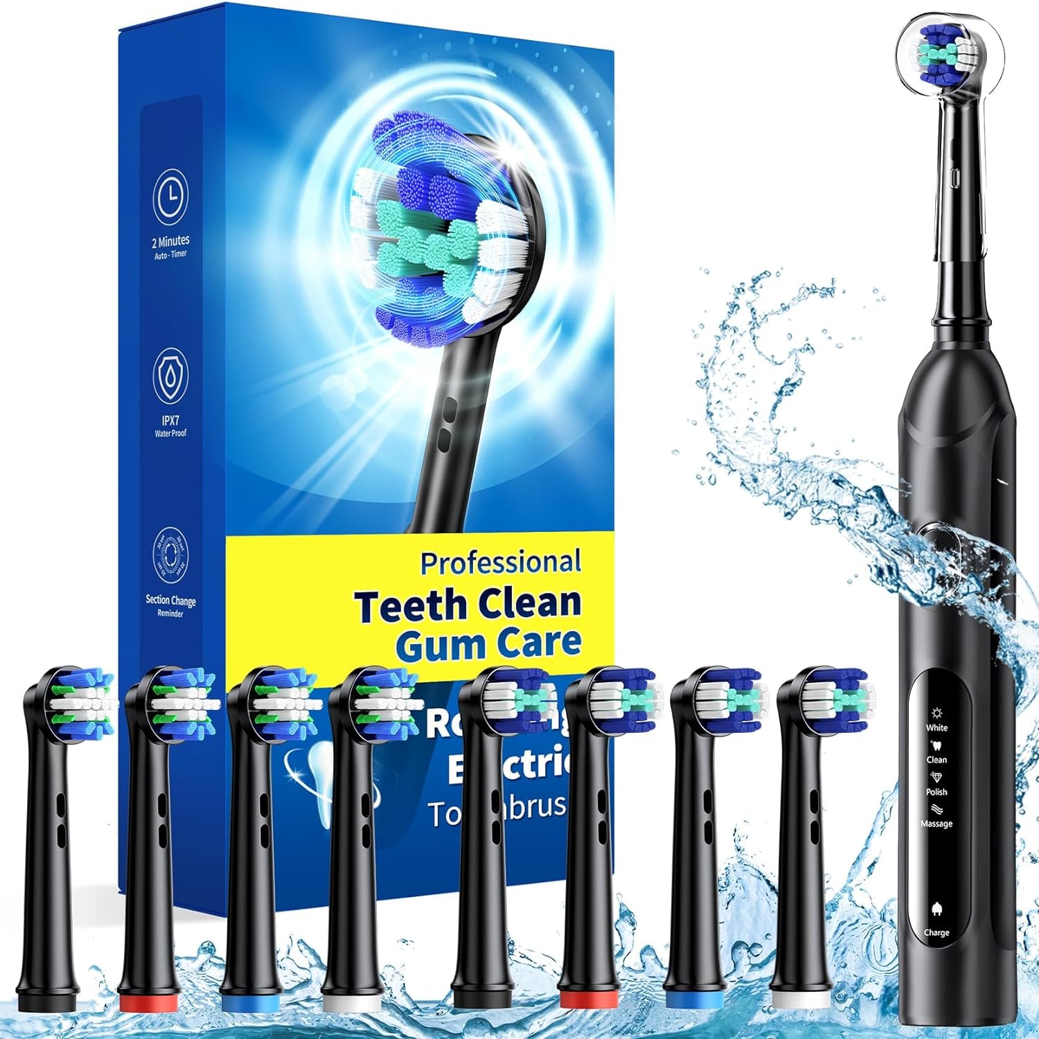 Rotating Electric Toothbrush for Adults with 8 Brush Heads (2 Types), 4 Modes Deep Clean Electric Toothbrush with Rechargeable Power and 2 Min Smart Timer, Fast Charge (Black)