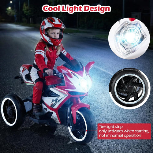 6V Kids Motorcycle with Forward & Reverse Switch, Headlight, Wheel Lights, Horn, Music, USB Port, 3-Wheel Ride on Toy for Toddler Aged 3+ (Red)