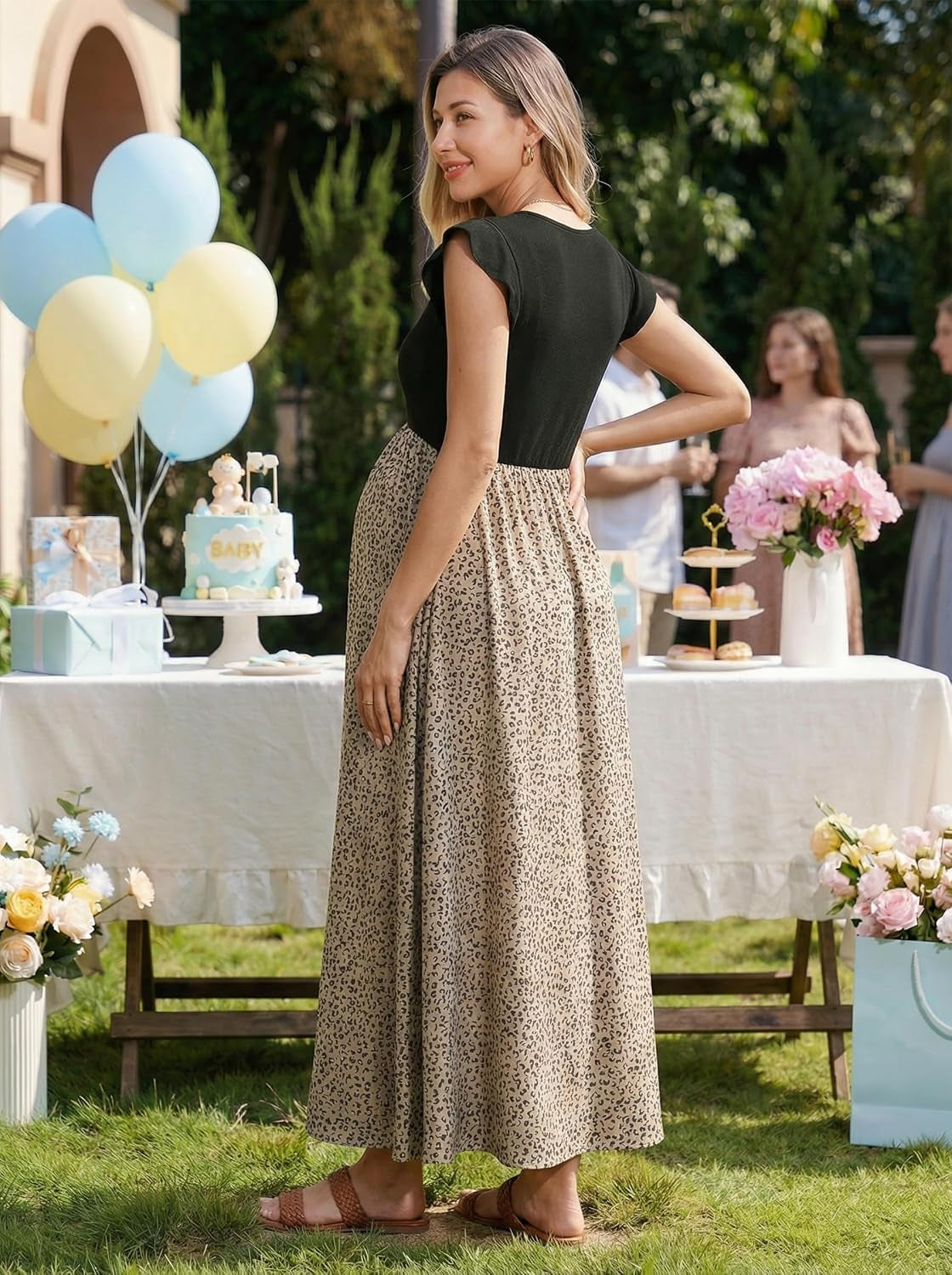 Women'S Ruffle Sleeve Patchwork Maternity Maxi Dress with Pockets | Soft Lightweight Fabric, Crew Neck, Stylish Print, Relaxed Fit, Baby Shower, Maternity Photoshoot, Casual, Daily Wear