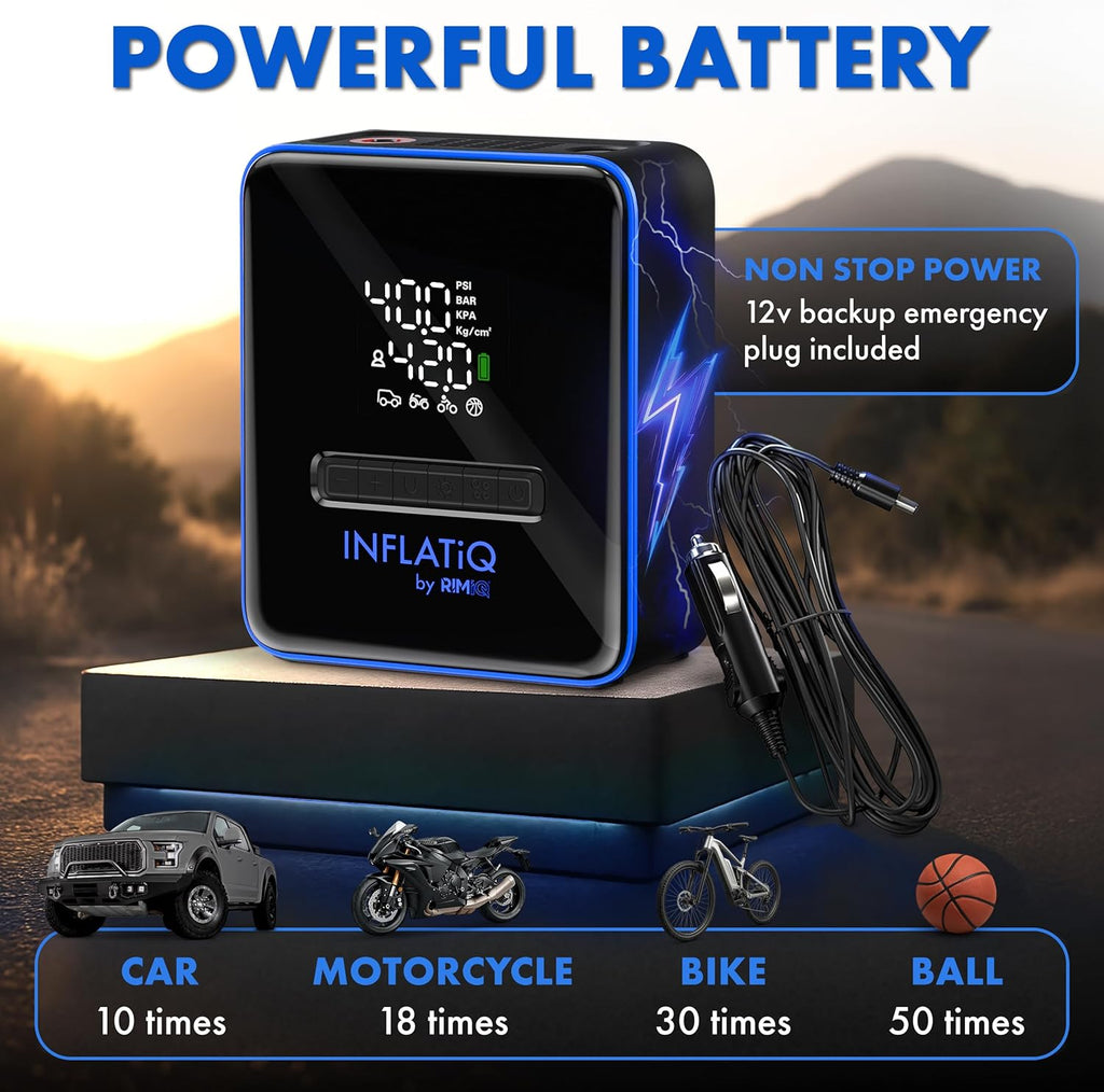 Inflatiq by  Tire Inflator Blue - Powerful, Award-Winning QWIKFLOW Technology with 2 Portable Power Options Included - Strong Vehicle Air Pump for Trucks, Cars, Motorcycles, Bicycles, Balls