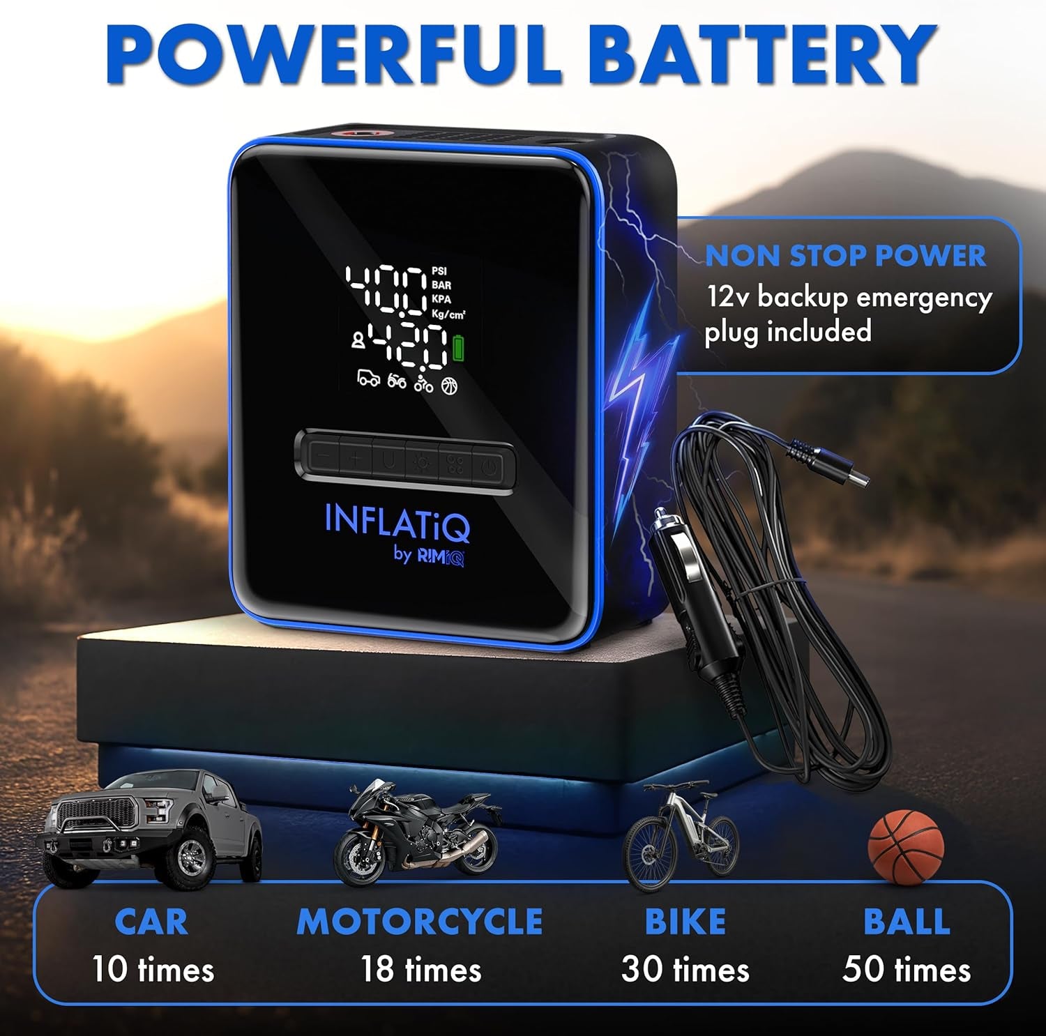 Inflatiq by  Tire Inflator Blue - Powerful, Award-Winning QWIKFLOW Technology with 2 Portable Power Options Included - Strong Vehicle Air Pump for Trucks, Cars, Motorcycles, Bicycles, Balls